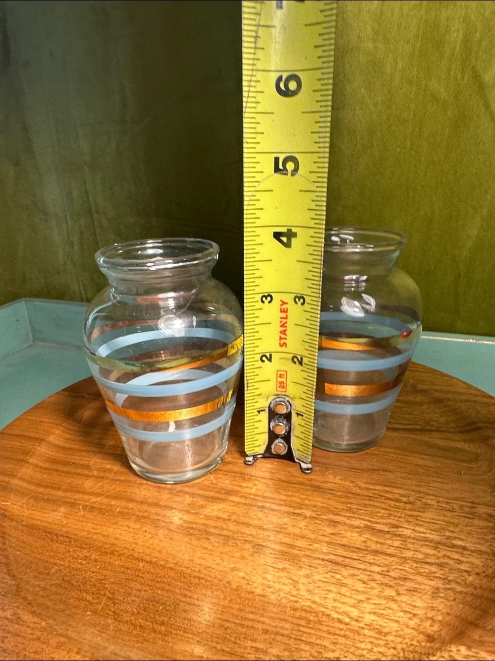 Two small vases mid century. Blue and gold stripe